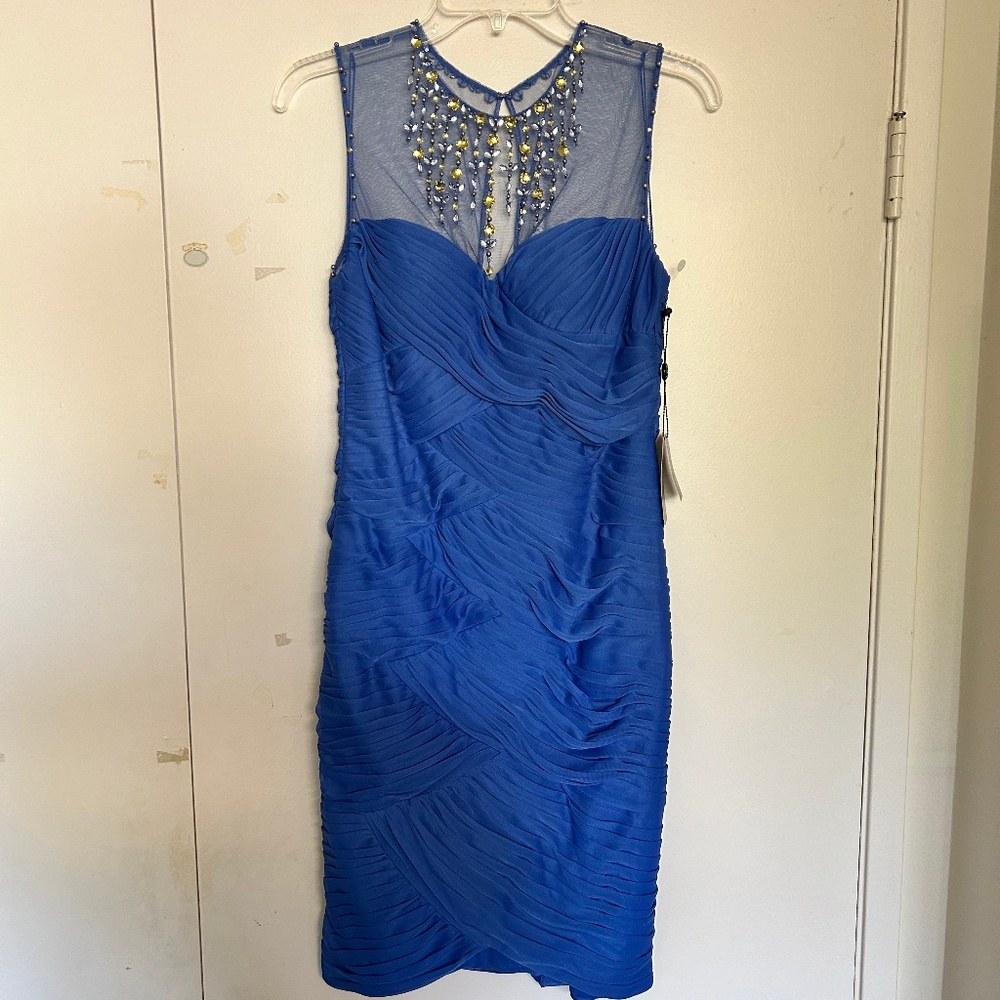 Blue bejeweled Adrianna Pappell tulle cocktail dress